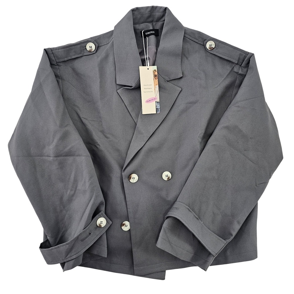 Dokotoo Womens Cropped Double Breasted Blazer Jacket‎ Charcoal Gray Epaulettes